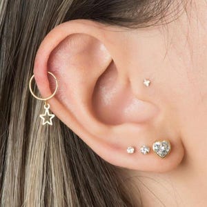 Star Shaped Piercing 18k Solid Yellow Gold | Drop Dangle Hoop Ear Cartilage Ring for Teens and Women
