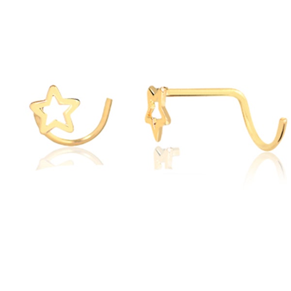 Hollow Star Nose Piercing 18k Solid Yellow Gold | Tiny Nose Stud, Nose Ring Stud Screw L Shape Twist Piercing for Girls, Teens and Women