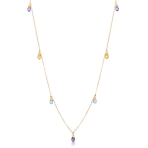 18k Solid Yellow Gold Colorful Natural Stones Necklace for Women 60 cm