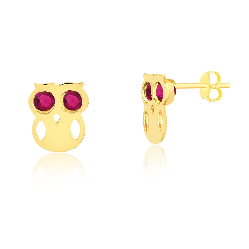 Owl Stud Earrings 14k Solid Gold Cubic Zirconia Butterfly Backs
