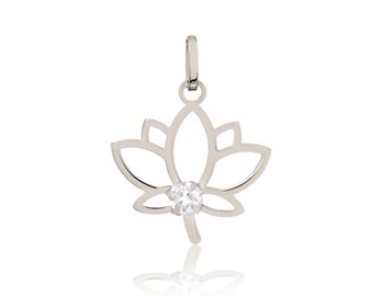 Lotus Flower Pendant 18k Solid White Gold | 2.5 mm Cubic Zircon Pendant for Necklace for Girls, Teens and Women