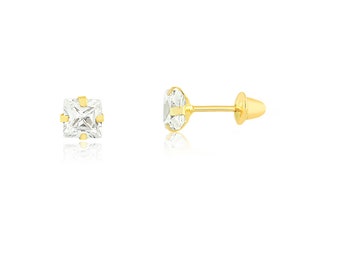 18k Solid Yellow Gold Squared Cubic Zircon 4.4 mm Push Backs Stud Earrings for Toddlers and Girls
