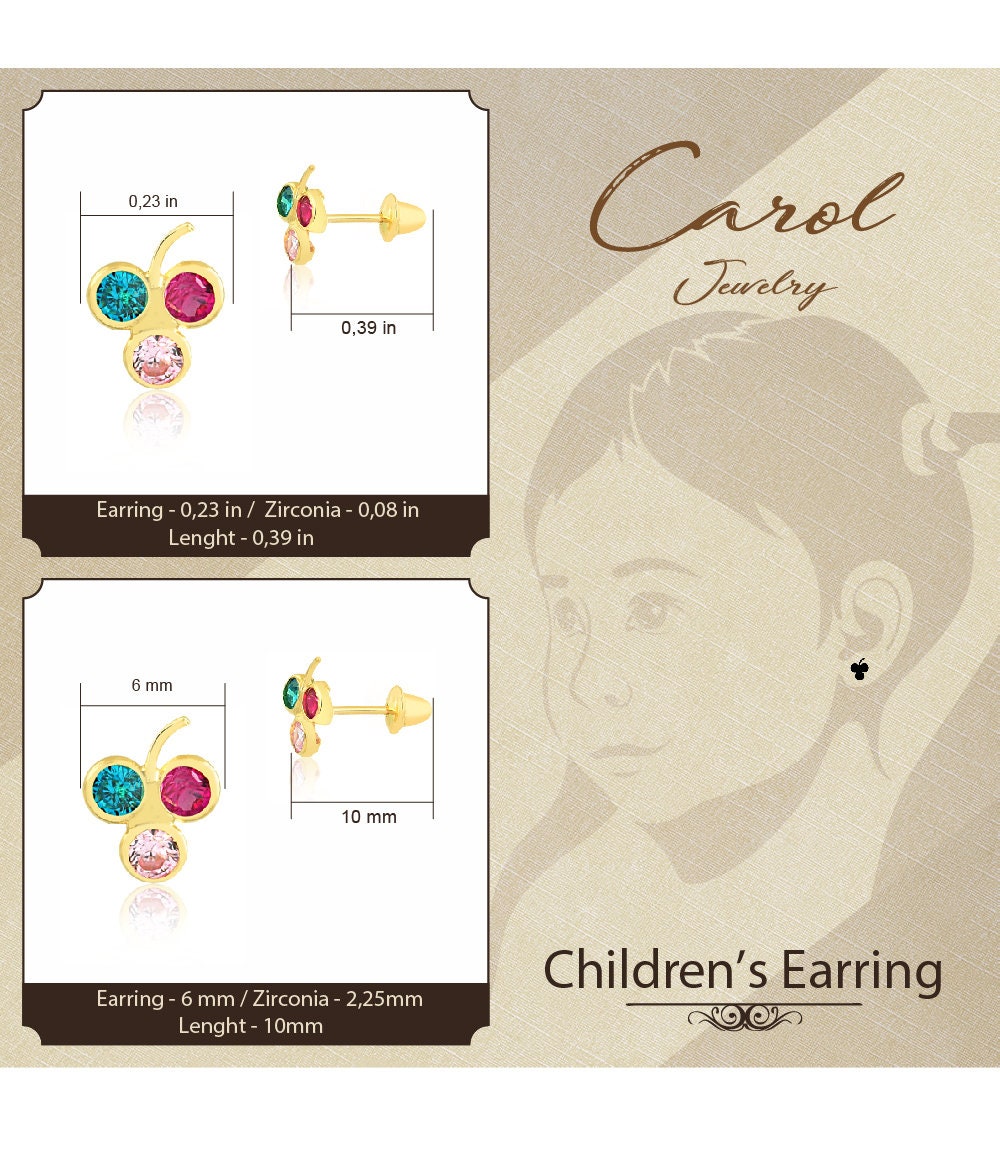 Boucles D'oreilles Enfants Or Jaune 18k - Strass Cubique Rond - Neuf