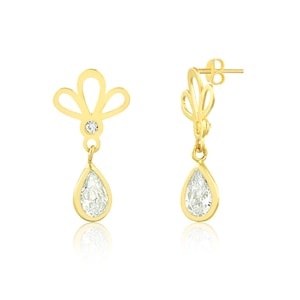 Floral Drop CZ 18k Solid Gold Stud Earrings: Butterfly Back