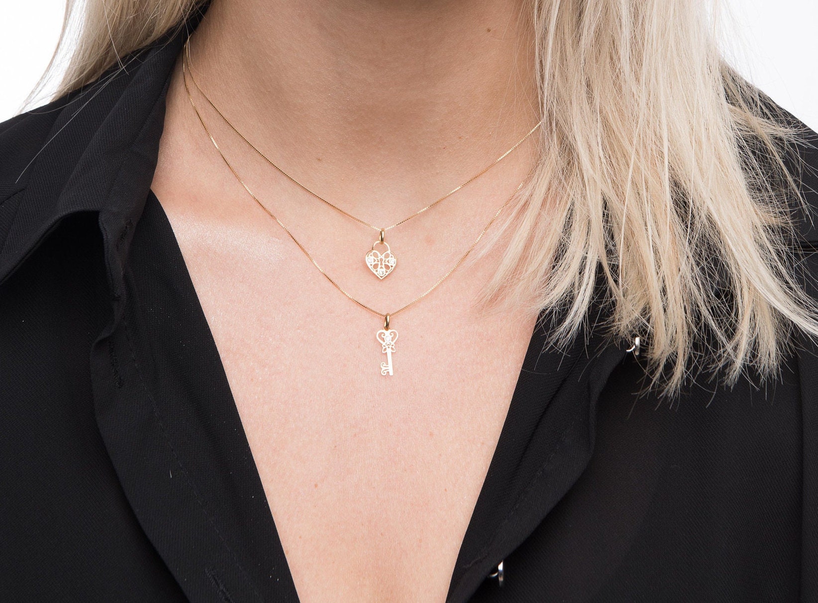 18K Solid Yellow Gold Key Pendant Necklace Dainty CZ Charm for Women…