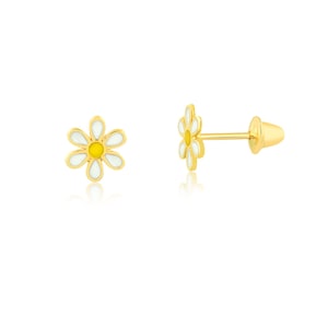 18k Yellow Gold Enamel Flower Push Backs Stud Earrings for Infants Toddlers