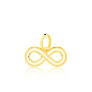 May include: A gold infinity symbol pendant charm. The pendant is made of solid gold and has a smooth, polished finish.