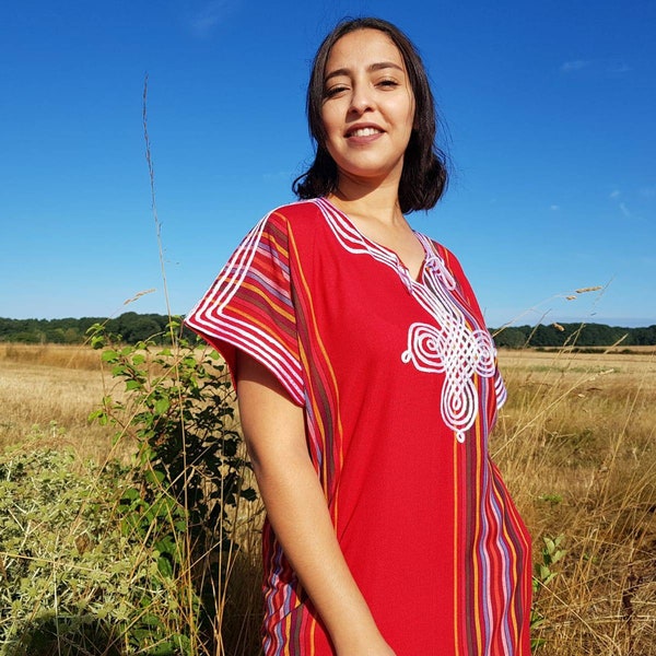 Caftan marocain rouge à rayures vêtement bohème pour femme djellaba marocaine