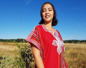 Caftan marocain rouge à rayures vêtement bohème pour femme djellaba marocaine