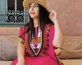 Pink Moroccan Kaftan – Lightweight Boho Tunic Dress | Ethnic Summer Outfit | One Size | Modest & Comfortable Gift for Her