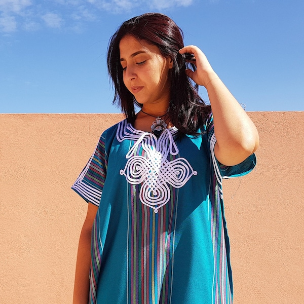 Robe bleue marocaine, caftan bohème pour femme, robe longue à rayures