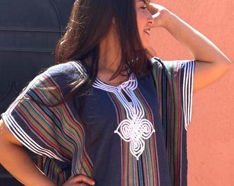 Elegant Moroccan Blue Striped Dress – Tradition & Comfort Combined