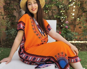 Orange Moroccan Kaftan – Lightweight Boho Tunic Dress | Ethnic Summer Outfit | One Size | Modest & Comfortable Gift for Her