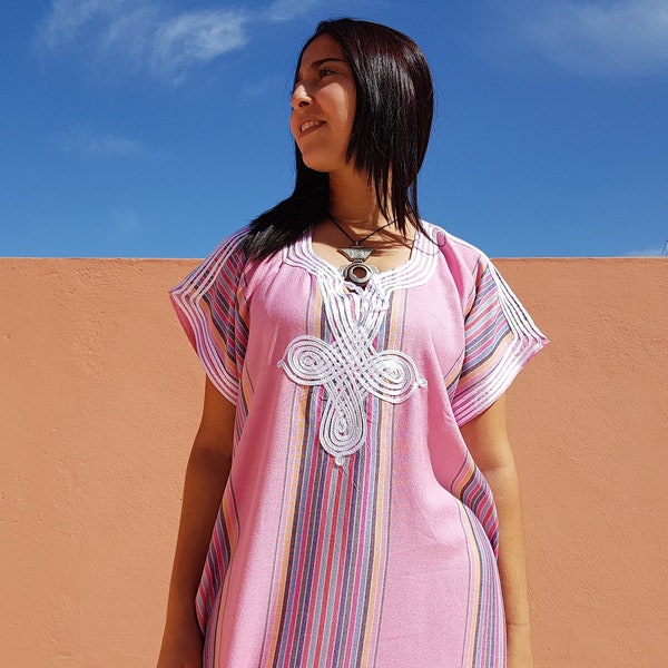 Caftan marocain rose à rayures, vêtement bohème pour femme, djellaba marocaine