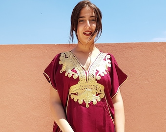 Vestido oriental burdeos, caftán marroquí suelto, vestido de maternidad para mujer