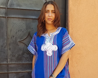 Caftano marocchino a strisce blu, abbigliamento boho per donna, djellaba marocchino