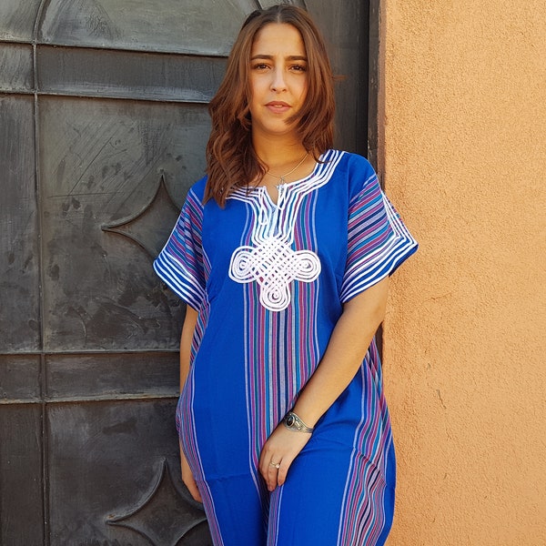 Caftan marocain bleu à rayures, vêtement bohème pour femme, djellaba marocaine