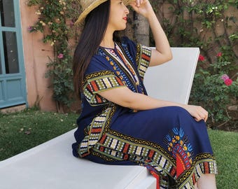 Dark Blue Moroccan Kaftan – Long Lightweight Boho Dress | Colorful Ethnic Tunic | One Size | Comfortable Summer Outfit for Women