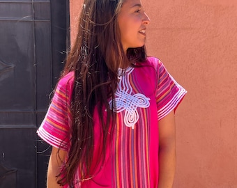 Long Moroccan pink tunic with colorful stripes