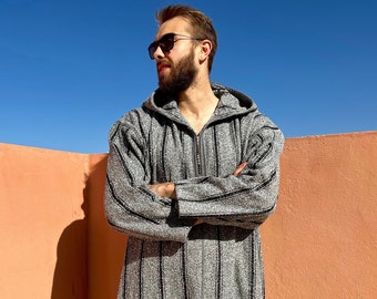 Very thick Moroccan winter djellaba for men, wool hooded kaftan