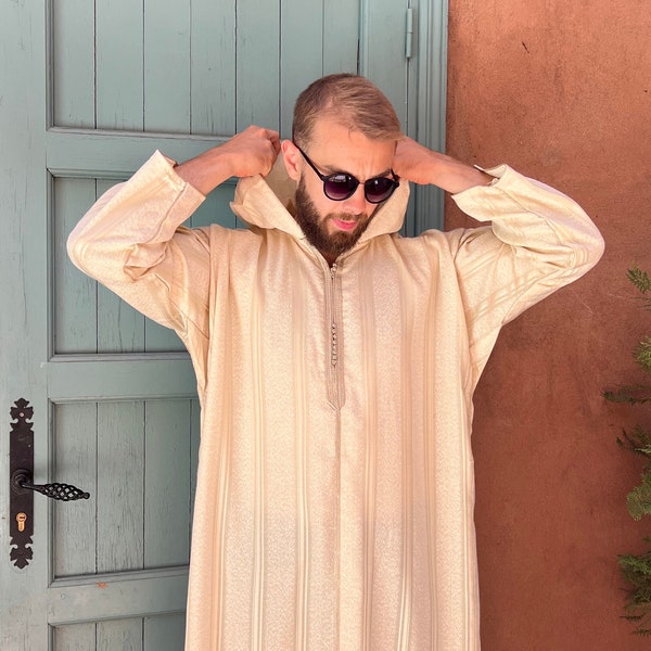 Djellaba marocaine homme beige avec des bandes