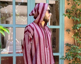 Bellissimo completo marocchino da uomo, djellaba a righe bordeaux, cappotto arabo con cappuccio