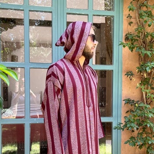 Beautiful gift for men, moroccan djellaba with stripes, bohemian burgundy kaftan