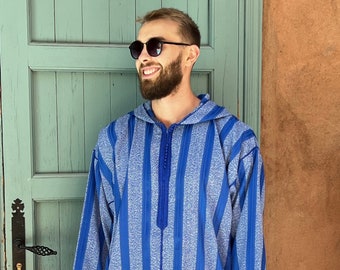 Blue men djellaba perfect for Ramadan, moroccan kaftan with hood, gift for men