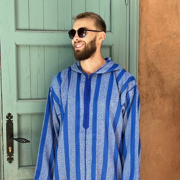 Blue men djellaba perfect for Ramadan, moroccan kaftan with hood, gift for men