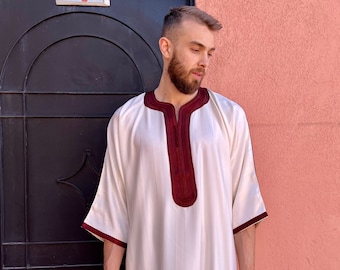 Moroccan white and burgundy qamis for men