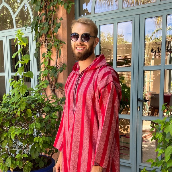 Jellaba rouge pour homme avec des bandes, manteau marocain automne avec capuche