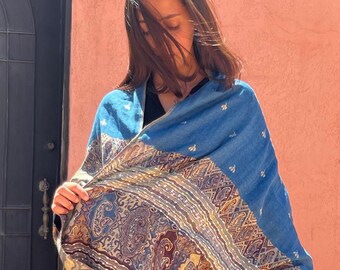 Blue Moroccan Scarf with Patterns – Large Colorful Fringed Shawl