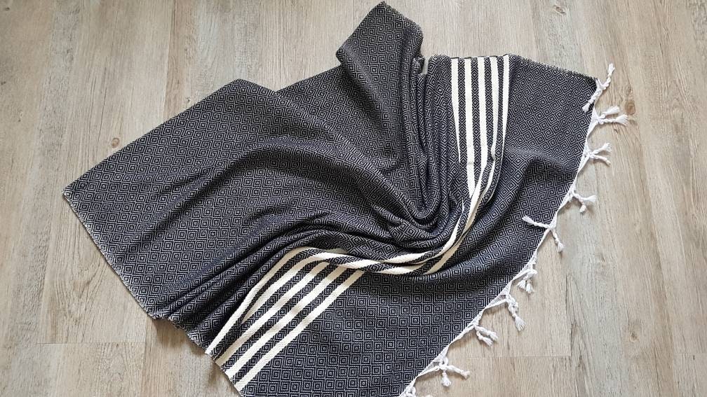 Stunning navy blue wool blanket with stripes