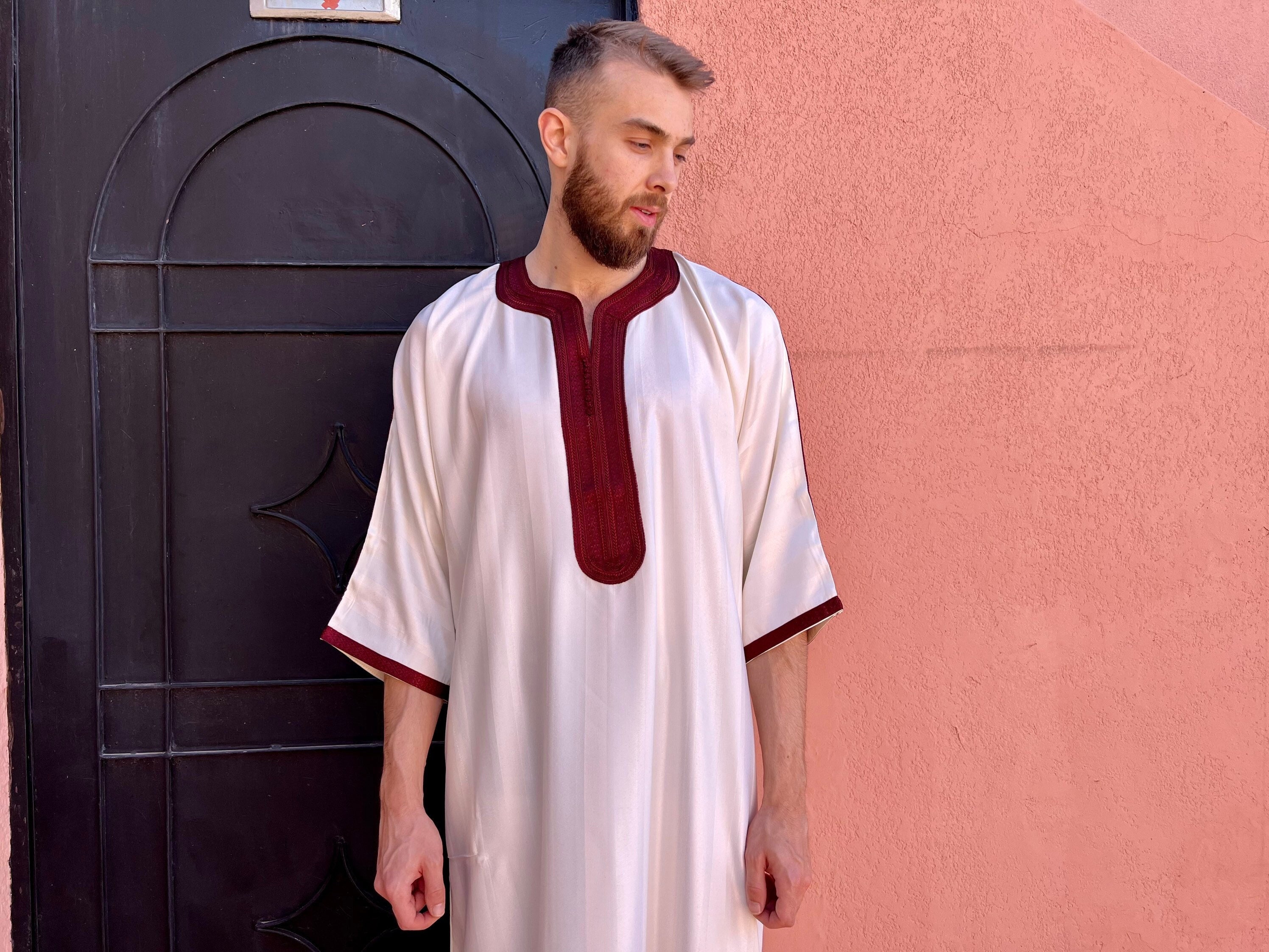 Moroccan white and burgundy qamis for men