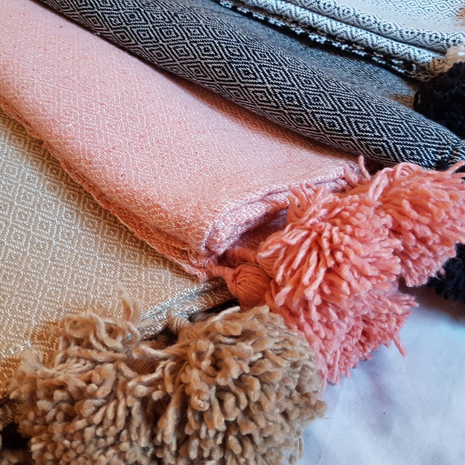 Berber blanket, Moroccan bed cover, blue blanket, pom pom blanket