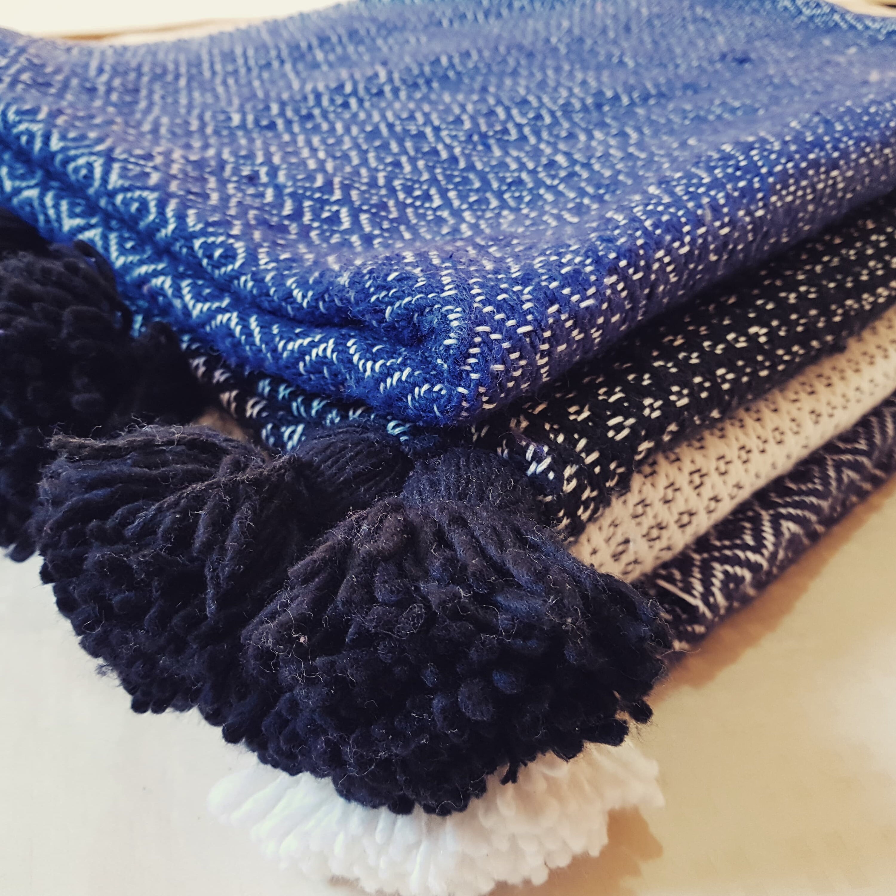 Berber blanket, bedspread Moroccan, blue cover with pom poms, plaid