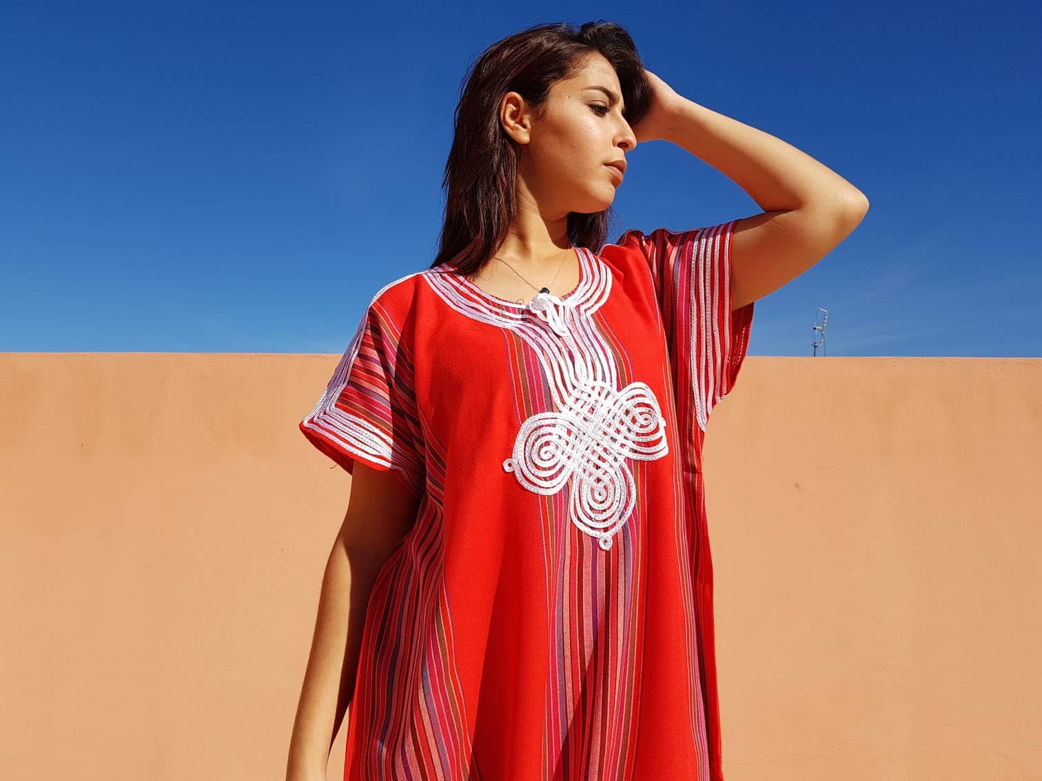 Red moroccan kaftan for women, bohemian clothing, oriental dress