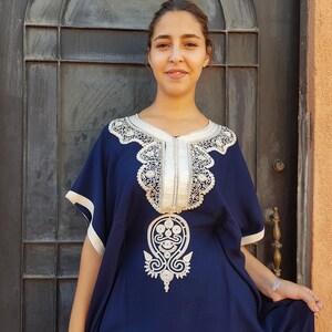 Muslim Navy Blue Embroidery Worked Moroccan Kaftan main image 1