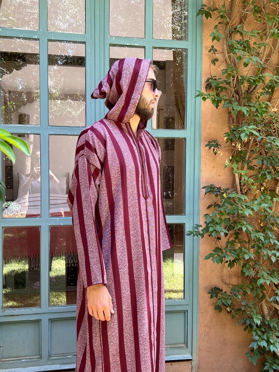 Precioso conjunto marroquí para hombre, chilaba a rayas burdeos, abrigo  árabe con capucha -  México