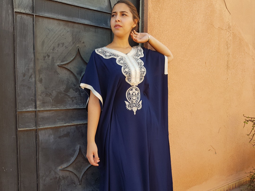 Muslim Navy Blue Embroidery Worked Moroccan Kaftan main image 0