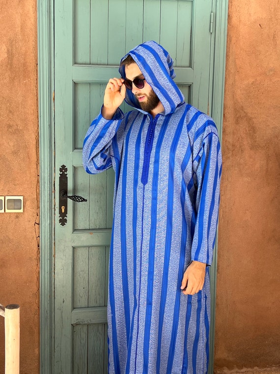 Chilaba de hombre azul ideal para Ramadán, caftán marroquí a rayas, regalo  para hombre -  España