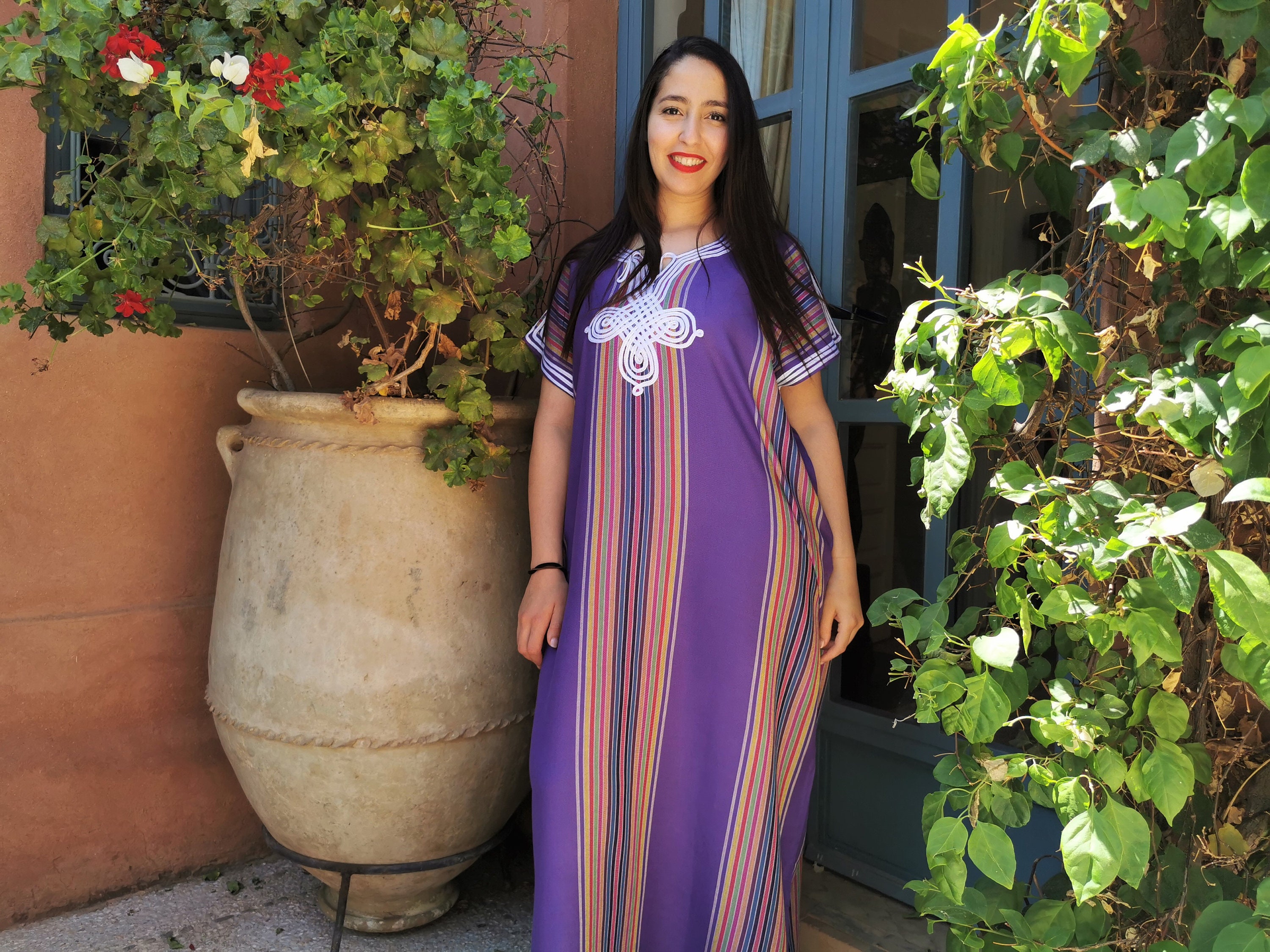 Caftán marroquí morado con rayas, ropa boho para mujer, chilaba