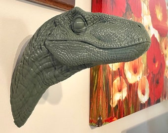Velociraptor Faux Taxidermy Wall Mounted Dinosaur Head 3D Printed Themed Home Decor Conversation Piece