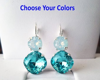 Swarovski® Green Teal Crystal 12mm Cushion Cut Earrings, Choose Your Swarovski Crystal Colors, Bridesmaid Gift Wedding Jewelry,