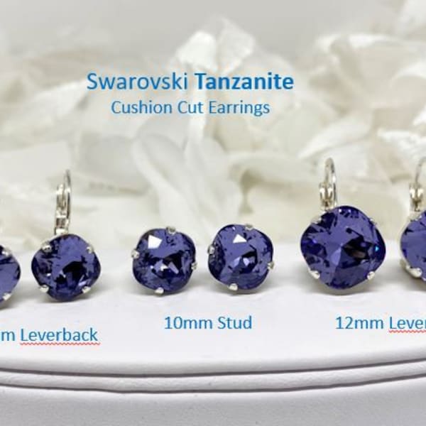 Swarovski 10mm and 12mm Tanzanite Cushion Cut Earrings, you choose lever back or stud style Deep Purple Diamond Square shaped for bridesmaid