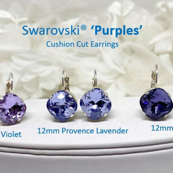 Swarovski 10mm and 12mm Purple Cushion Cut Earrings, you choose lever back or stud style in Violet, Provence Lavender and Tanzanite