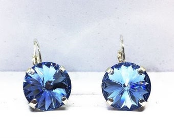 Swarovski 12mm Light Sapphire Earrings, Gorgeous Sparkle Bridal Earrings, Lever Back or Stud, Choose Your Favorite Color and Finish