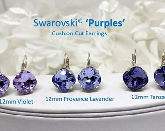 Swarovski 10mm and 12mm Purple Cushion Cut Earrings, you choose lever back or stud style in Violet, Provence Lavender and Tanzanite