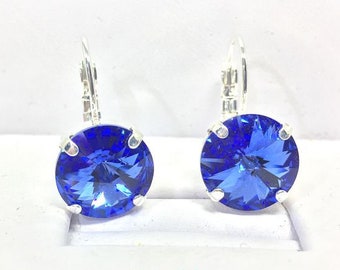 Swarovski 12mm Sapphire Blue Earrings, Gorgeous Sparkle Bridal Earrings, Lever Back or Stud, Choose Your Favorite Color and Finish