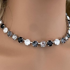 Swarovski 8mm &#39;Black and White&#39; Crystal Necklace, Black, Gray, Cream and White.  Or Choose your Crystal Colors and Setting Color Custom Made